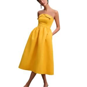 Sachin & Babi Anthropologie Blaine Strapless Bow Taffeta Midi Dress Yellow Sz 8